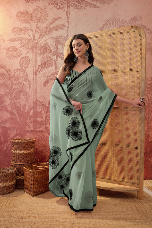 Dakshayani Mint Green Embellished Georgette Saree with Embellished Border & Mint Green Blouse Piece