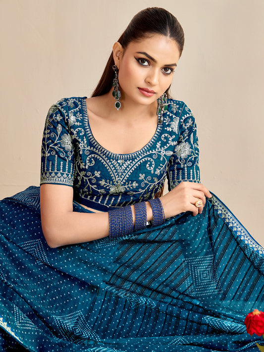 Teal Blue Georgette :Sequin Embroidery Mirror Work Border Blouse Saree
