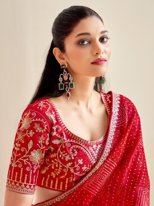 Red Polyester Bandhani Print Zari Saree