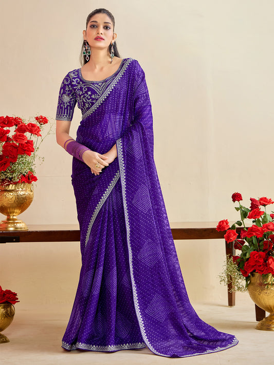 Purple Bandhani Georgette Saree with Embroidered Blouse