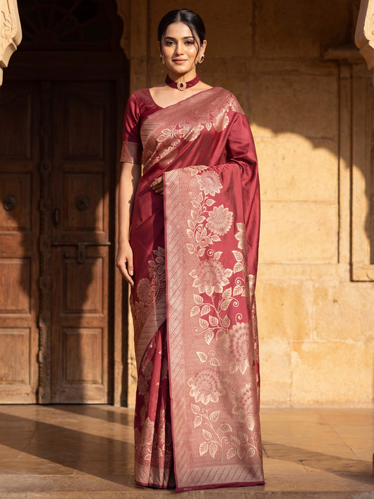 Saree Classic Crimson Red Floral Butti Banarasi Silk