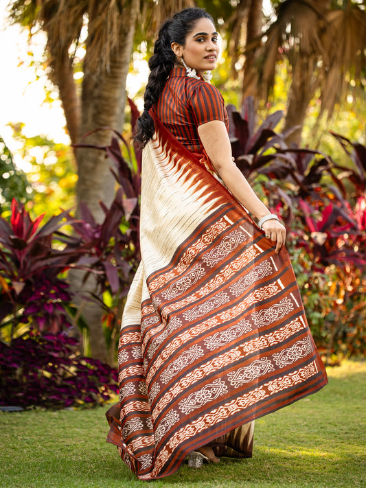 Ivory Chennaipattu Silk Saree with Gold Stripe Body, Feathered Ikat Maroon Border, Diamond Medallion Pallu & Stripe Zip Blouse