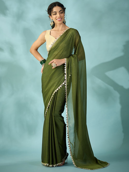 Dark Green Tissue Silk Saree with Zari Stripes