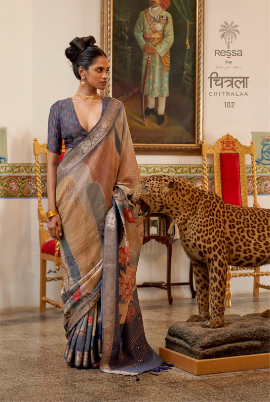 Soft Pure Viscose Crush Tissue Saree with Floral Motif & Kat Dana Work