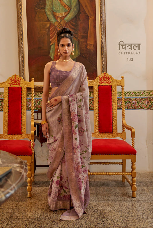 Blush Pink Viscose Tissue Saree with Kat Dana Floral Motif