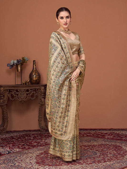 Cream Silk Blend Tissue Heritage Floral Saree