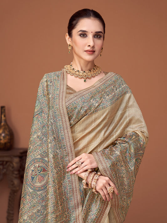 Cream Silk Blend Heritage Banarasi Style Saree