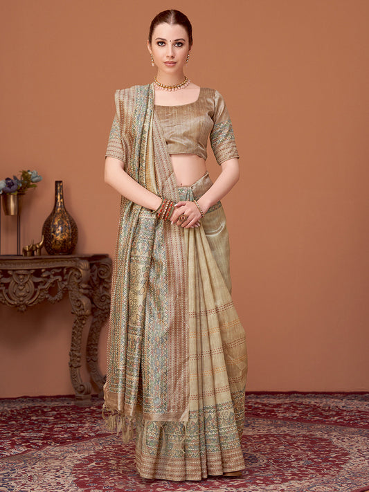 Beige Silk Blend Patola Style Digital Print Saree