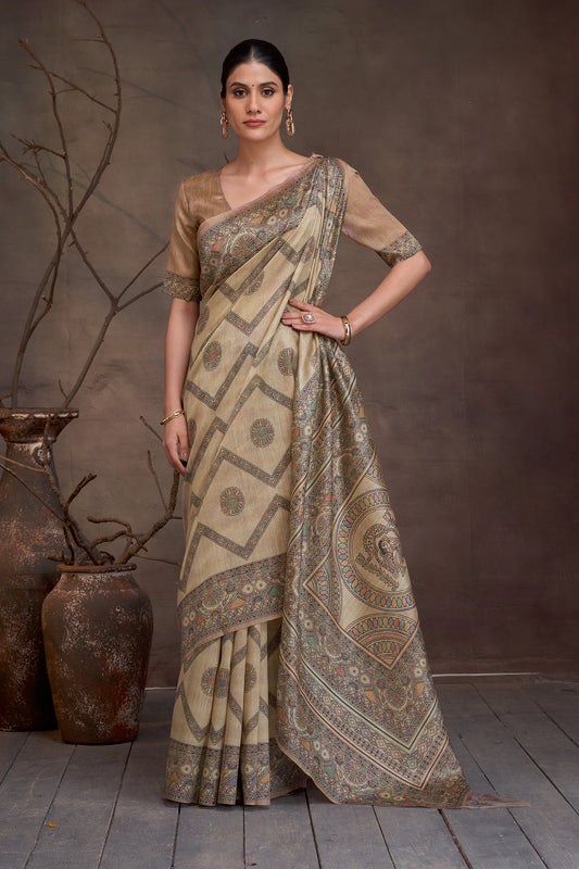 Chitrika Beige Kalamkari Cotton Silk Saree