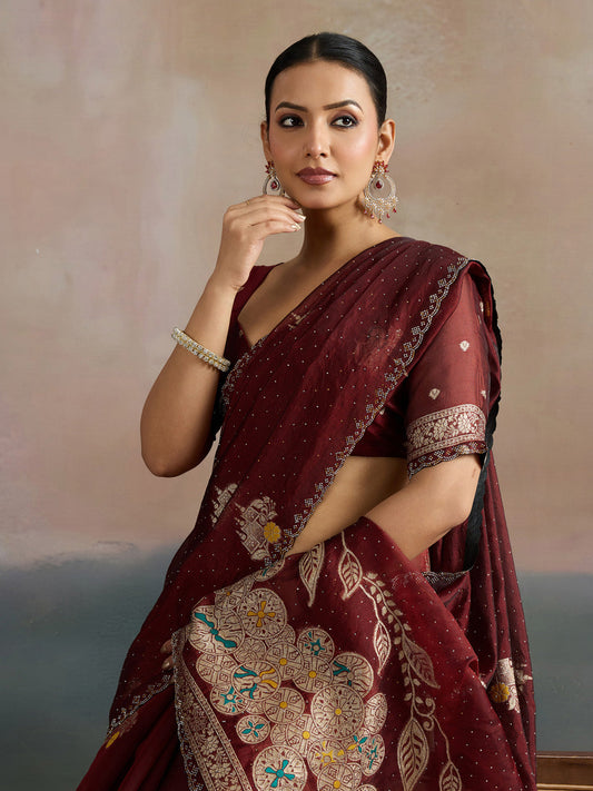 Maroon Organza Saree with Zari Border