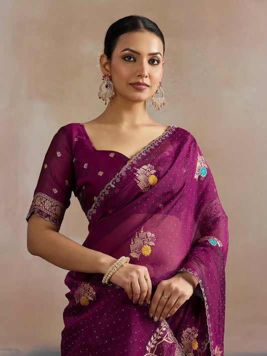 Wine Organza Saree with Zari Border