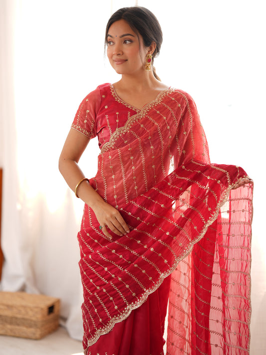Coral pink satin embellished saree