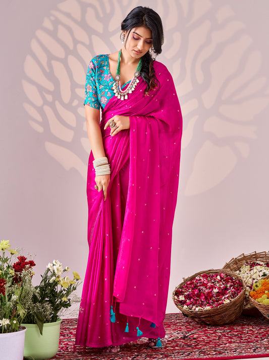 Maitreyi Pink Embellished Chiffon Saree with Zari Border & Turquoise Blouse Piece
