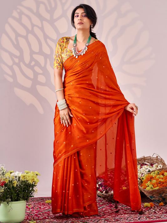 Anagha Orange Embellished Chiffon Saree with Zari Border & Mustard Blouse Piece