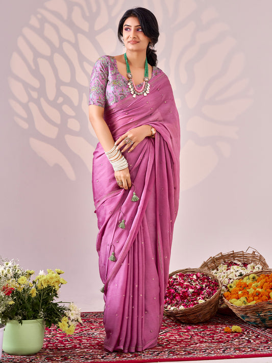 Varsha Mauve Embellished Chiffon Saree with Zari Border & Mauve Blouse Piece