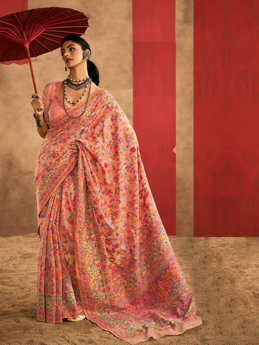 Peach Blossom Patola Silk Vibrant Floral Print Saree