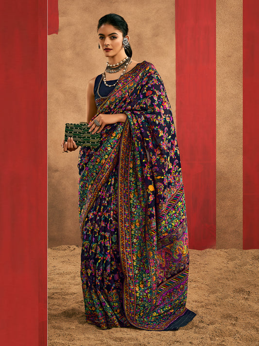 Navy Blue Silk Blend Kashmiri Jamawar Woven Saree