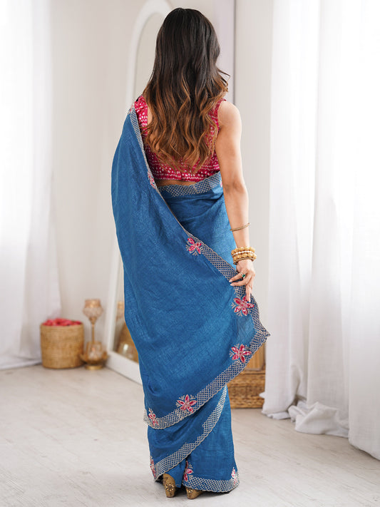 Indi Blue Dola Silk Saree with Embroidered Floral Border