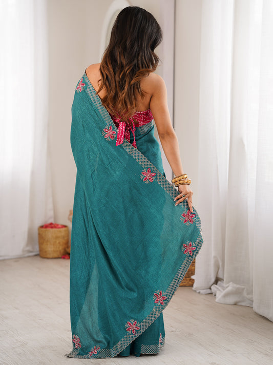 Teal Green Dola Silk Saree with Embroidered Floral Border