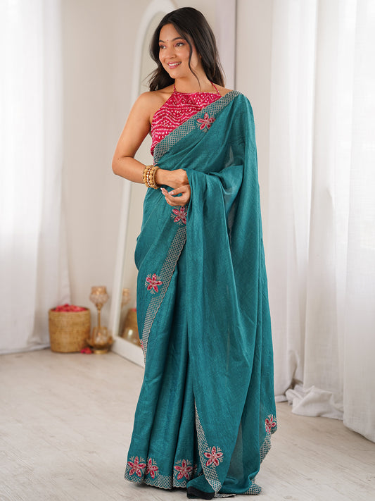 Teal Green Dola Silk Saree with Embroidered Floral Border