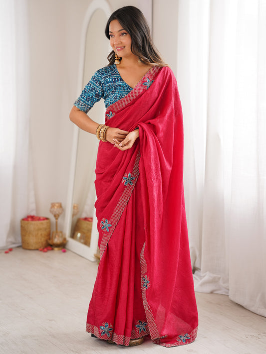 Rani Pink Dola Silk Saree with Embroidered Floral Border