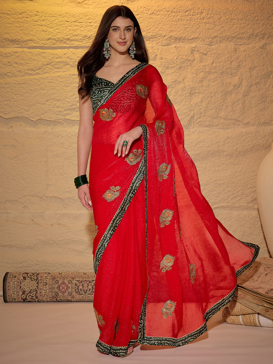 Silk Blend Gold Zari Floral Buti Saree