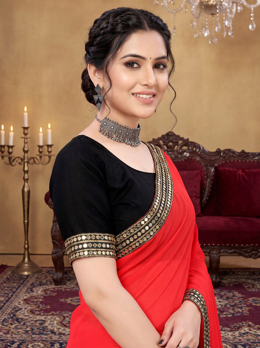 Bright Red Lace Border Georgette Party Wear Saree