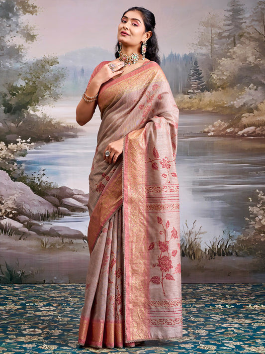 Dusty Rose Tissue Silk Saree with Floral Motifs