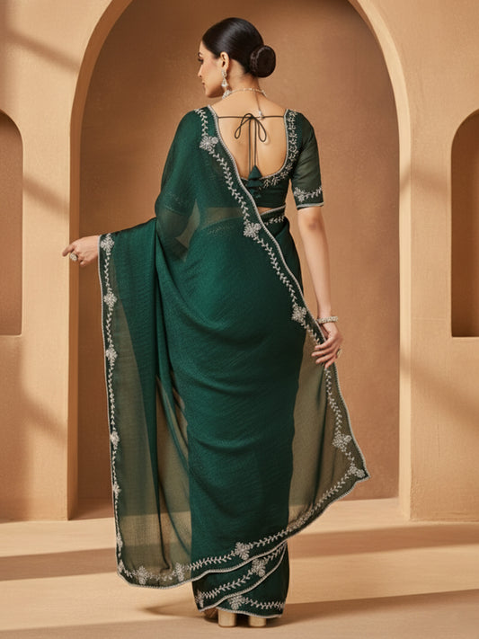 Bottle Green Organza Silk Embroidered Saree with Blouse