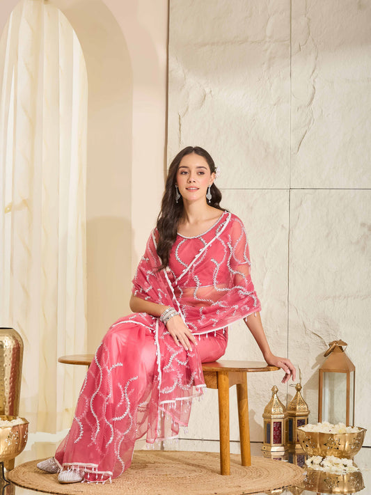 Alaknanda Peach Embellished Net Saree with Embellished Border & Peach Blouse Piece