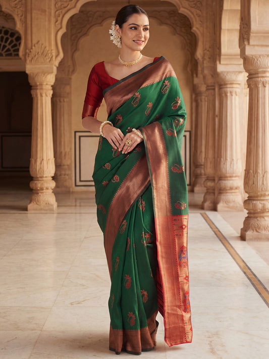 Bottle Green Banarasi Silk Heritage Zari Weave Saree
