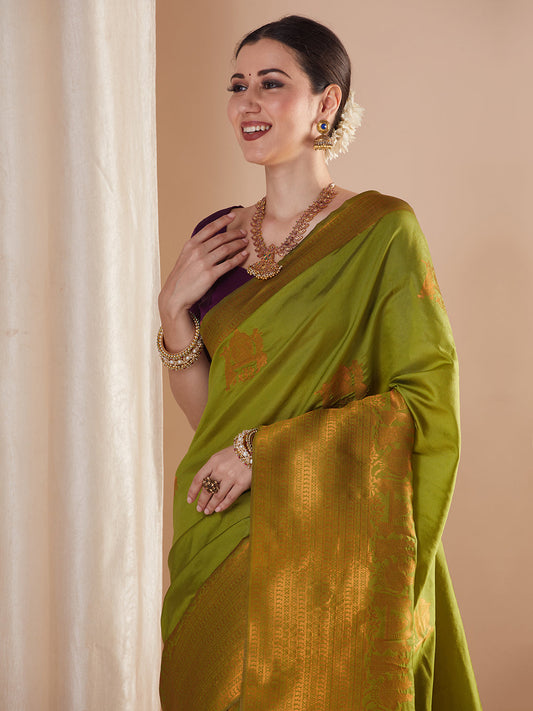 Olive Green Kanjivaram Pure Silk Saree
