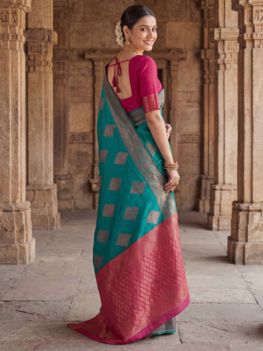 Teal Blue Banarasi Silk Heritage Zari Weave