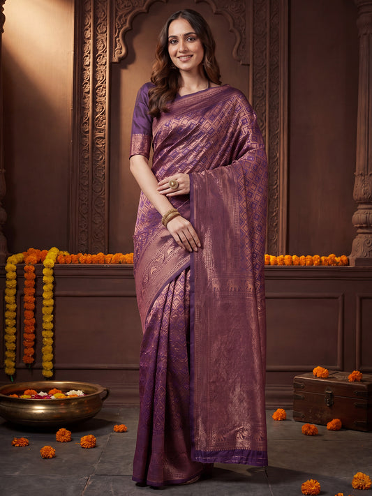 Magenta Purple Banarasi Silk Copper Zari Weaving Saree