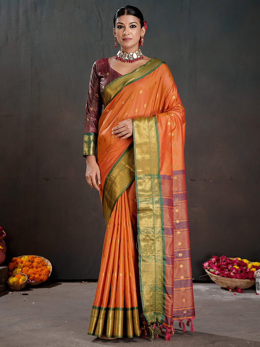 Orange Traditional Silk Zari Woven Butta Silk Blend