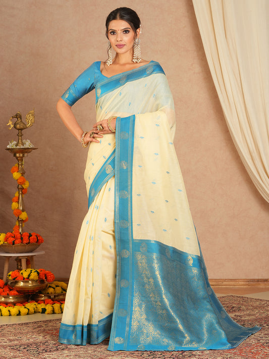 Ivory Cream Kanjivaram Pure Silk Saree