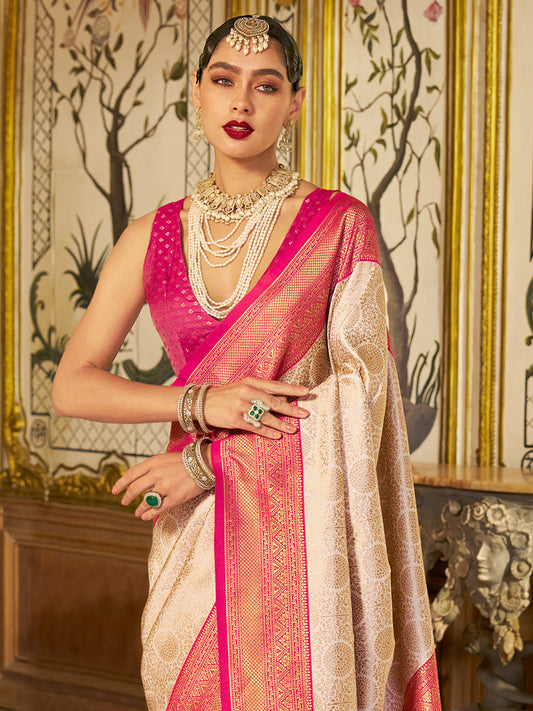 Cream Rani Pink Banarasi Silk Saree