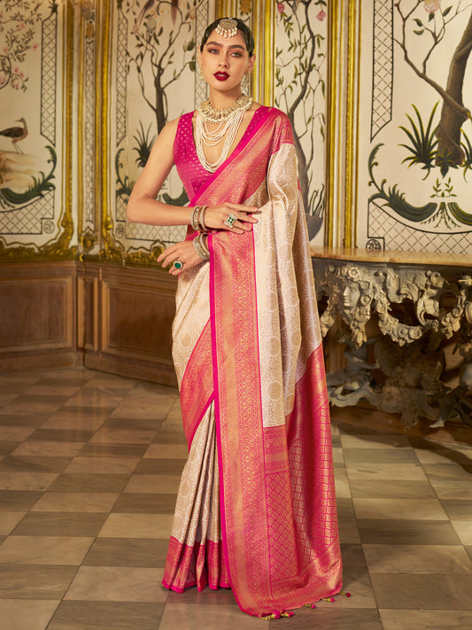 Cream Rani Pink Banarasi Silk Saree
