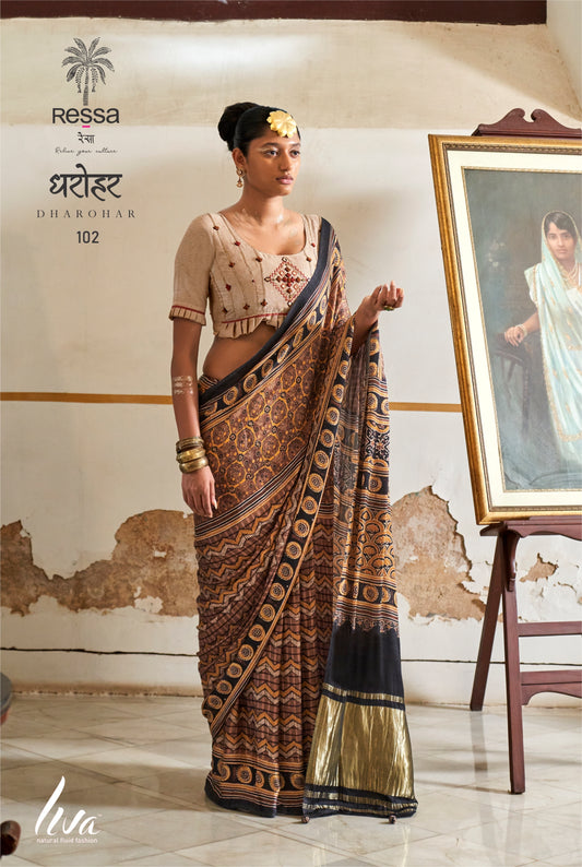 Ajrakh Printed Viscose Ladgi Patta Saree with Embroidered Blouse