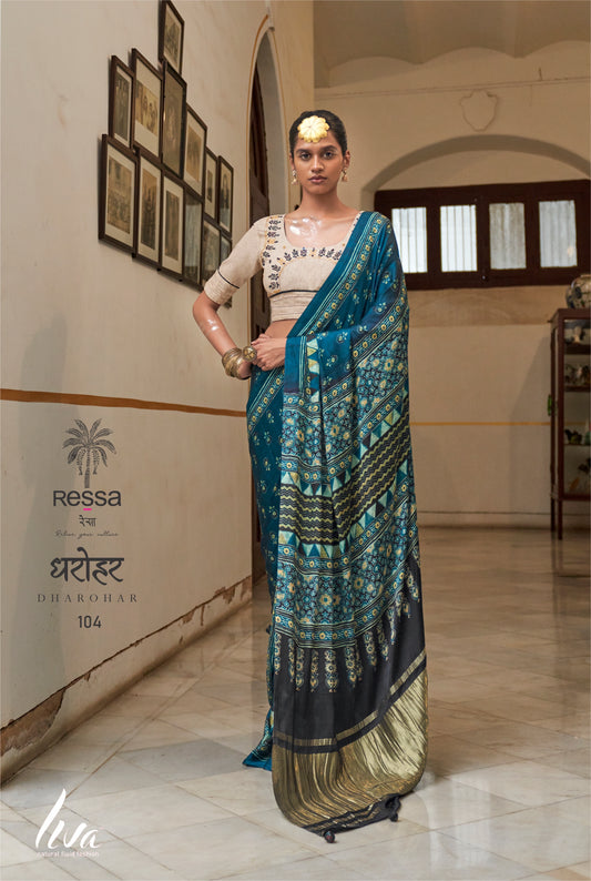 Designer Viscose Ladgi Patta Saree with Ajrakh Print for Festive Occasions