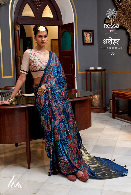 Handcrafted Look Ajrakh Print Viscose Saree with Embroidery Blouse