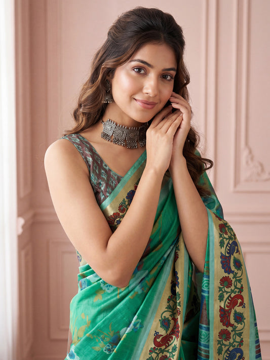 Sea Green Digital Floral Print Crepe Fabric