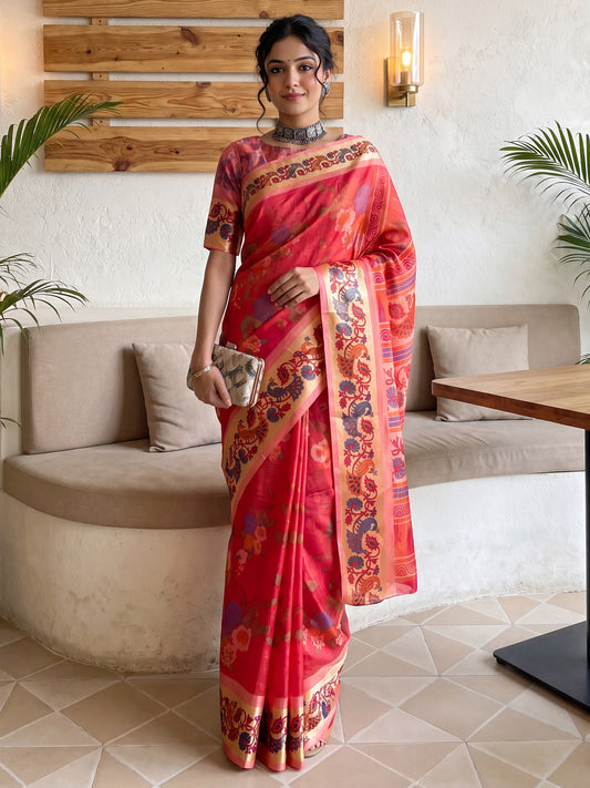 Pink Crepe Fabric Printed Casual Saree Digital Floral Print