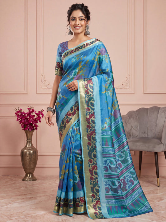 Sky Blue Printed Casual Saree Digital Print Crepe Floral Designer Pallu