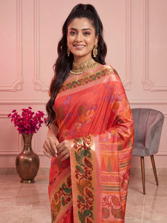 Coral Orange Printed Casual Saree Digital Print Crepe Floral Designer