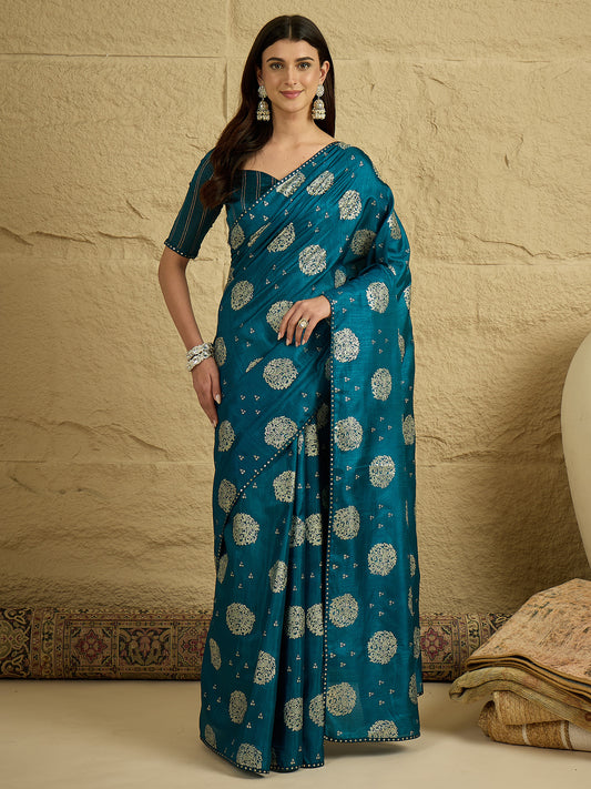 Teal Silk Blend Traditional Woven Saree