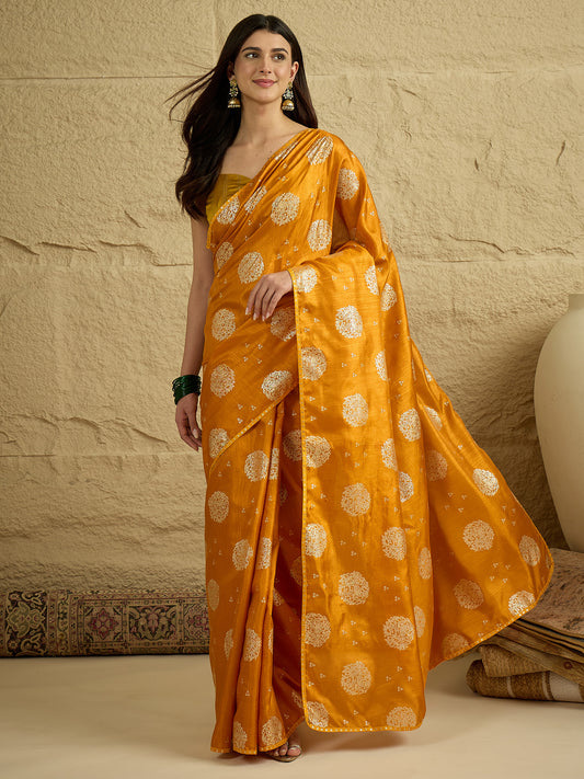 Mustard Yellow Silk Blend Traditional Woven Saree