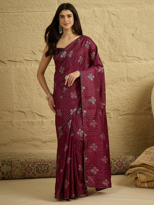 Wine Silk Blend Silver Foil Print Saree