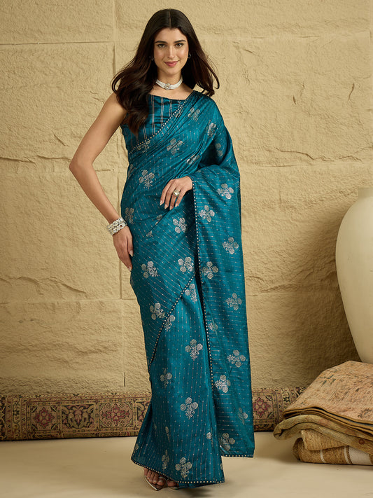 Teal Saree Foil Print Art Silk Saree