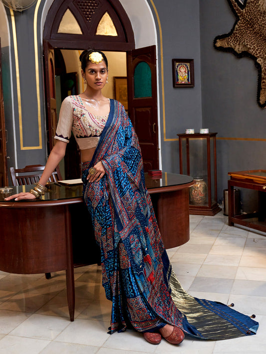 Navy Blue Silk Blend Ajrak Print Zari Pallu Contrast Blousem Saree